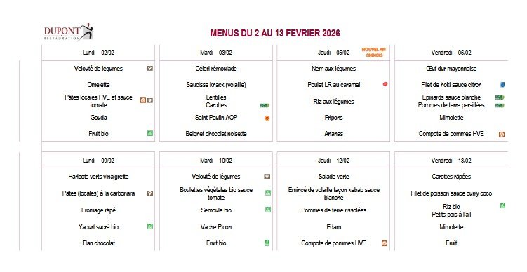 Menu Février 2026